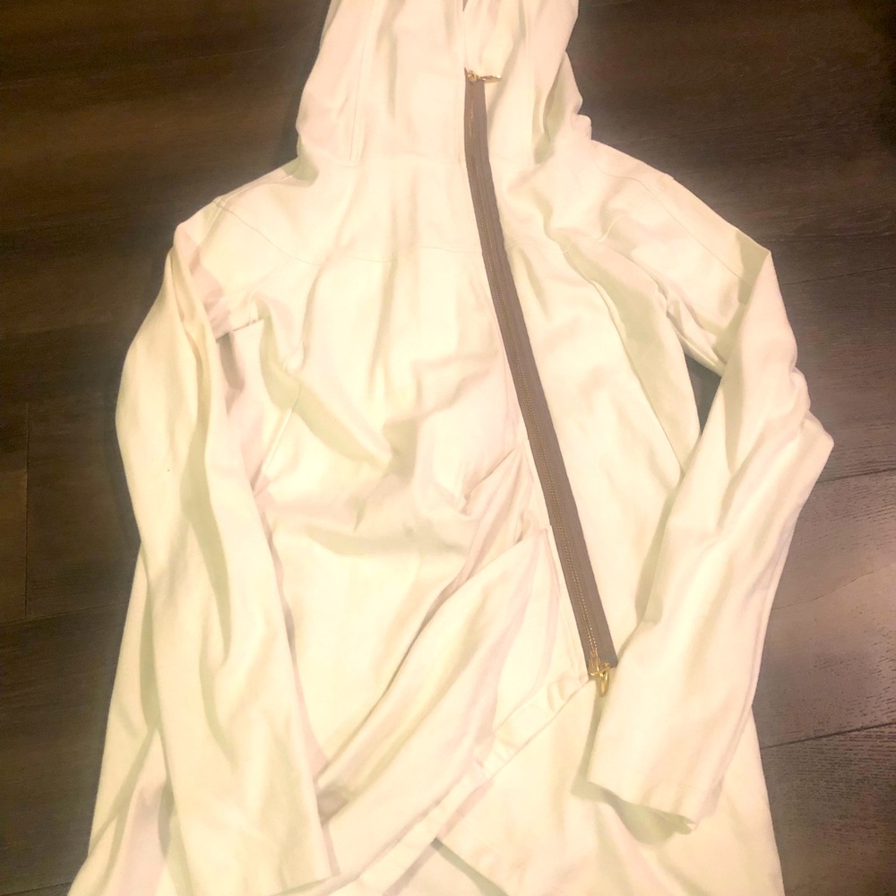Fierce and Regal Pleated, Asymmetrical Long Zip Ivory Hoodie